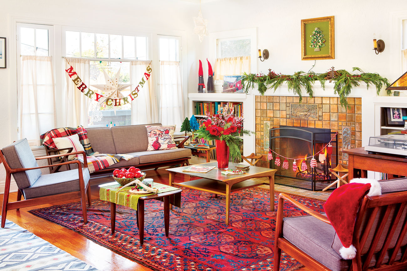 A living room filled with mid century modern furnishings in a craftsman bungalow. 