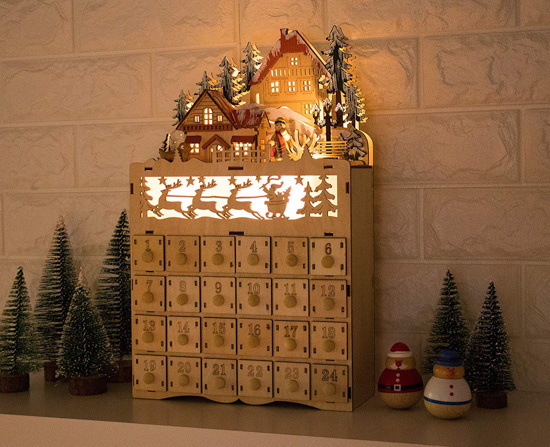 LED lit wooden advent calendar with backlit sleigh.