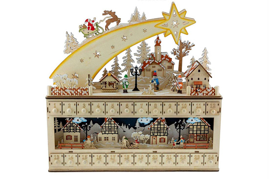 Ornate wooden advent calendar with Santa's sleigh riding a shooting star out of the top.