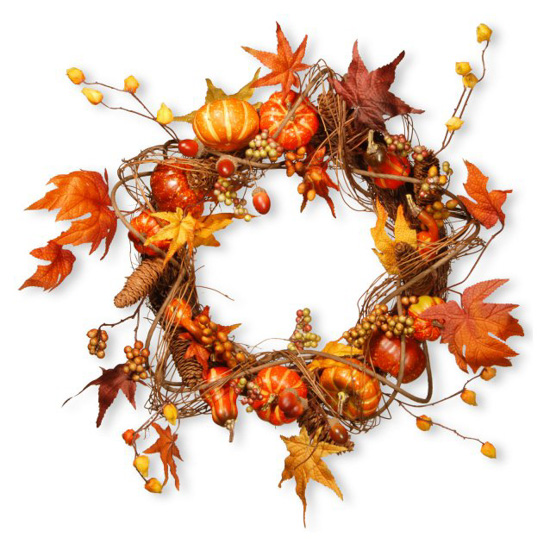 Fall harvest wreath with bright shades of red and orange leaves and gourds placed on a wreath. 