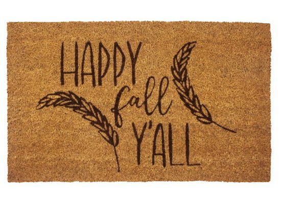 Thanksgiving porch jute doormat with pictures of wheat whisps that says "happy fall y'all". 