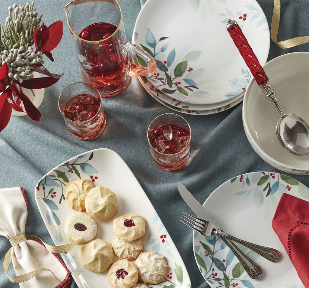 blue tabletop with blue and green wintery design