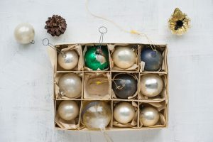 vintage ornaments organized in a box