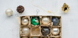 vintage ornaments organized in a box