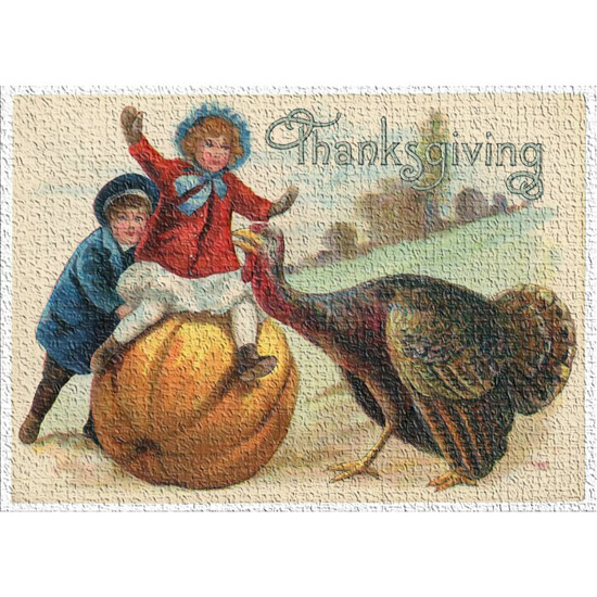 Indoor area rug that says "thanksgiving" and features a vintage vignette of children playing on a pumpkin near a turkey. 