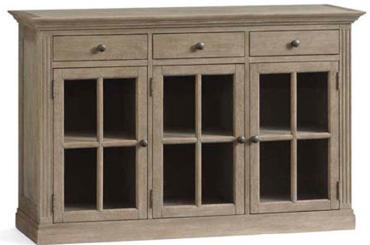 Wooden Pottery barn sideboard in gray wash tone.