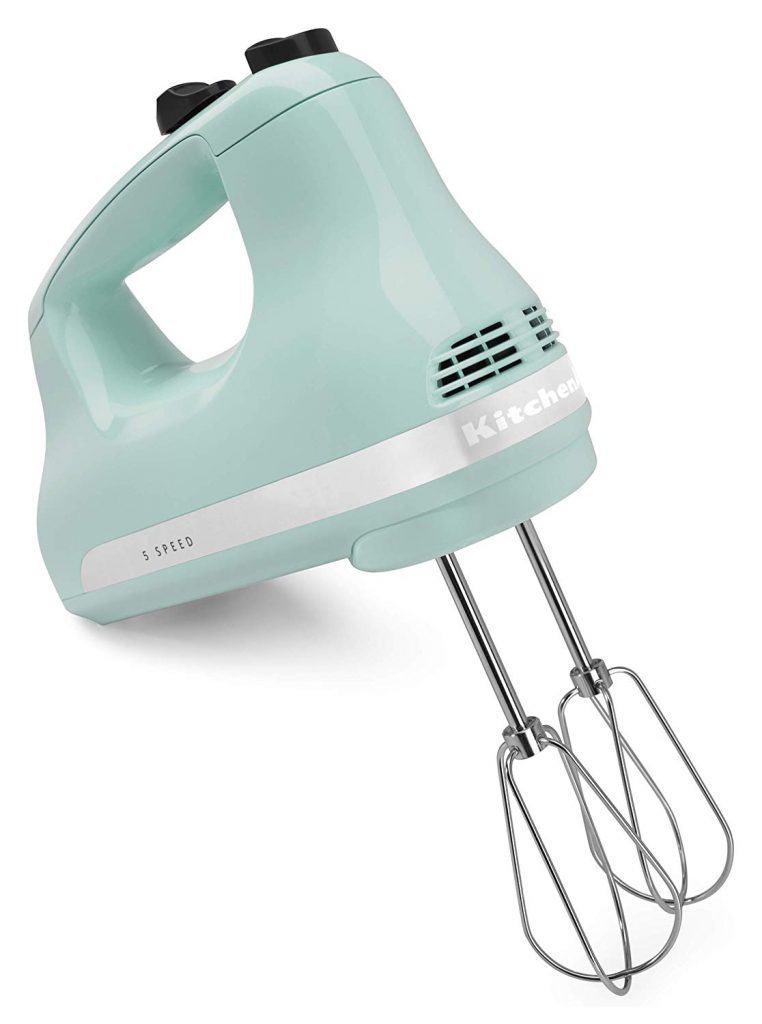 Retro styled light blue hand mixer with silver accents.