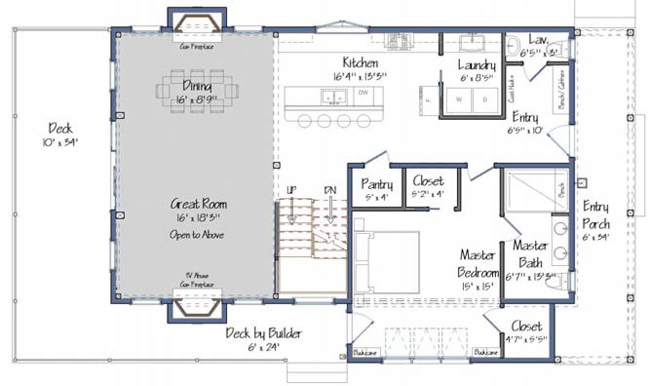 Blueprint floor plan for the ground level of a home build.