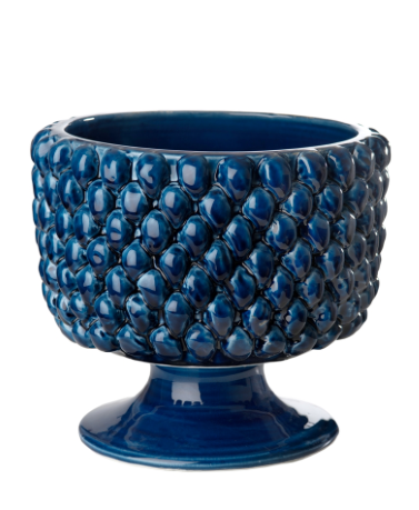 Blue pedestal pinecone planter with a glossy finish. 