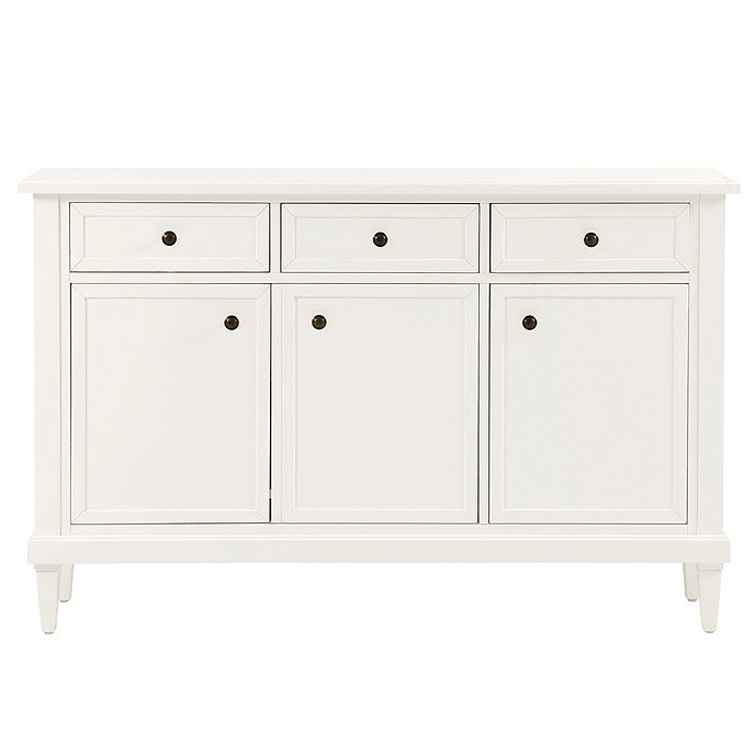 White 3-door sideboard with dark knobs. 