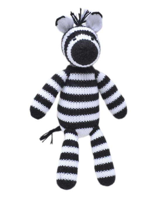 Hand-knit, black and white, zebra stuffed animal. 