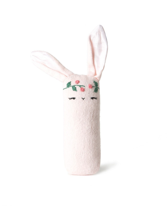 Plush blush colored rattle in the shape of a bunny. 