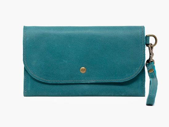 Teal leather small wallet with gold button and wrist strap.