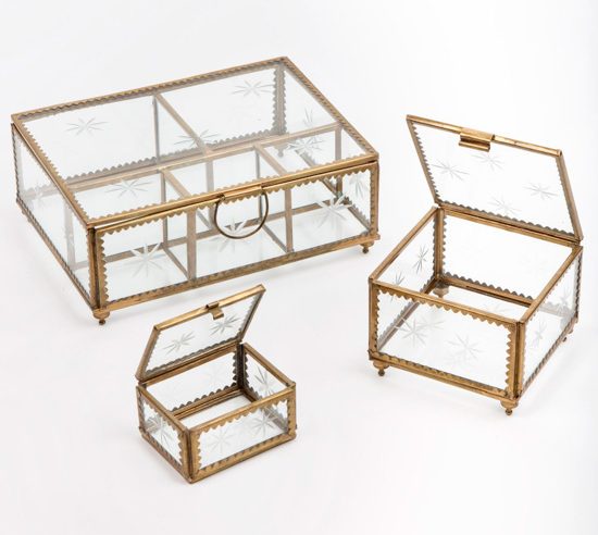Set of three, etched glass jewelry boxes.