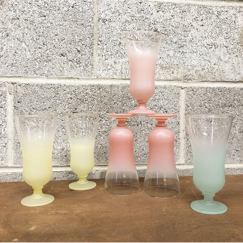 Vintage Blendo Parfait Glass Set Retro 1950s Ombre Pastel 6 Piece Set 2 yellow, 3 pink and 1 mint green