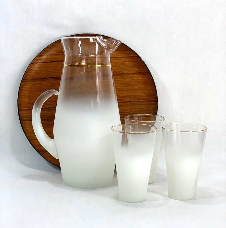 Blendo Frosted White Pitcher Three Glass Tumblers Retro Mad Men Barware Set