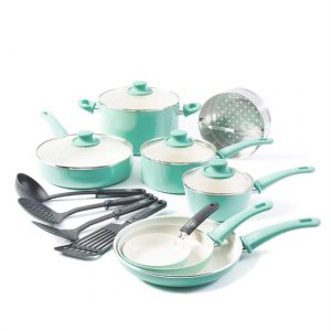 16 piece set of pots and pans in a minty blue color.