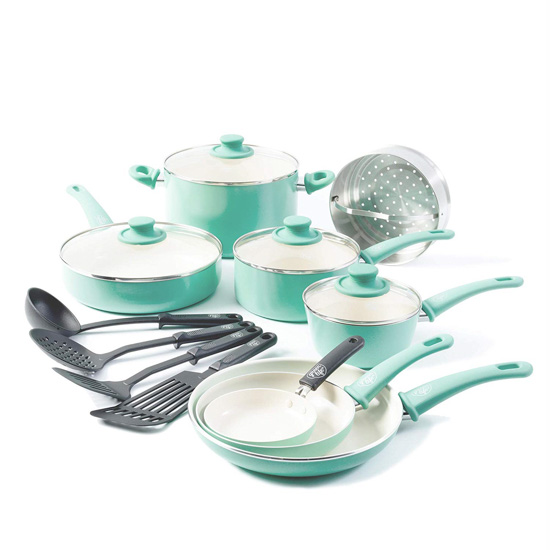 16 piece set of pots and pans in a minty blue color from Amazon Prime.