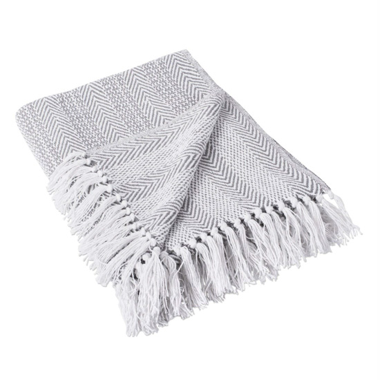 Gray and white herringbone throw blanket with fringed edge from Amazon. 