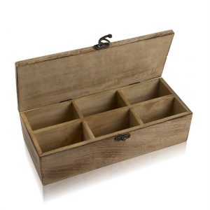 Wooden crafted tea bag storage box with 6 compartments and metal clasp.