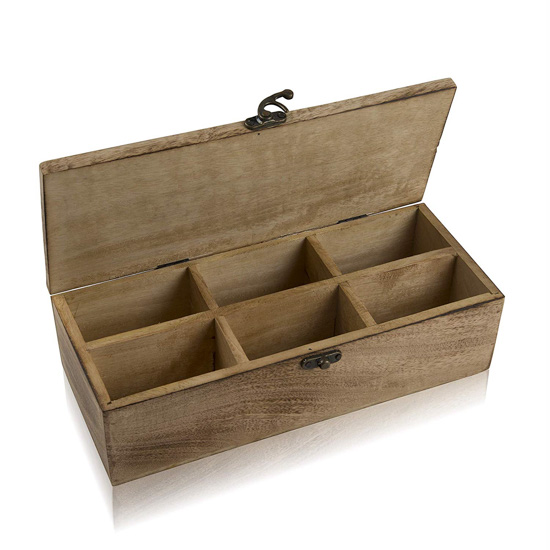 Wooden crafted tea bag storage box with 6 compartments and metal clasp. 