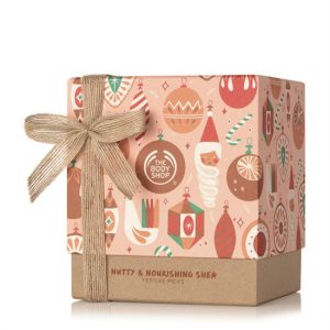 Decorative box from the Body Shop with a Kraft paper colored bottom and ribbon.