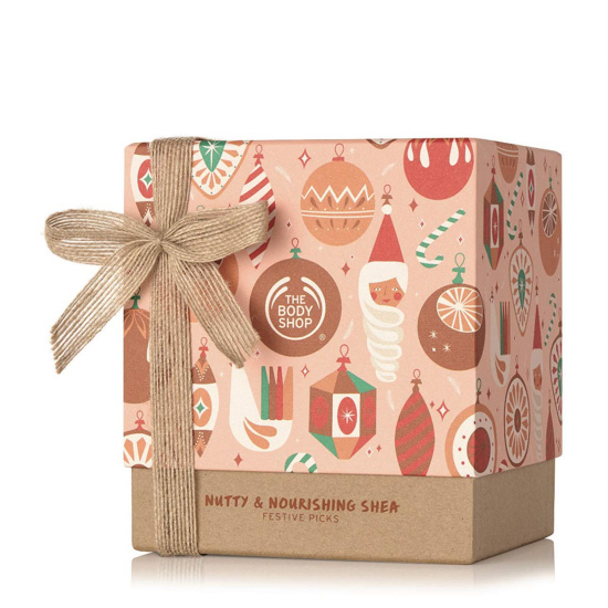 Amazon gifts from the Body Shop with a Kraft paper colored bottom and ribbon.