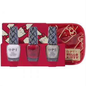 Decorative holiday box filled with three Hello Kitty themed nail polishes.
