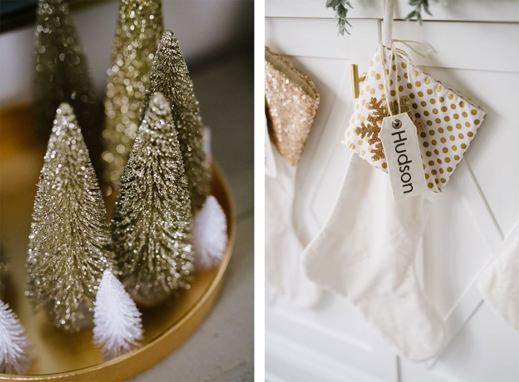 Gold bottle brush trees add glimmer to tabletops and shelves. Since the house doesn't have a don’t have a fireplace in living room room, Molly Kay hang the stockings on the built-in. 