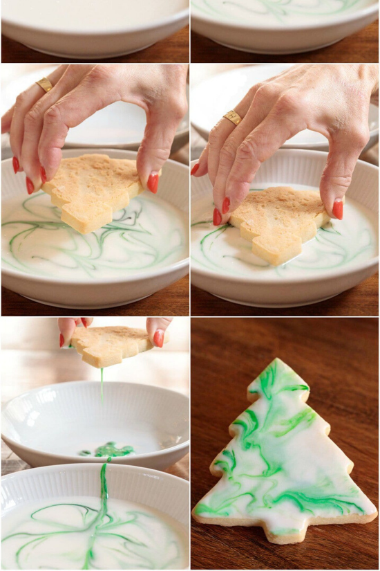 DIY tutorial images for decorating the top of a shortbread cookie in the shape of a Christmas tree. 