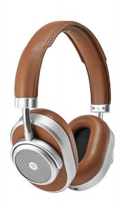 Brown leather and silver high end, noise-counseling headphones. 