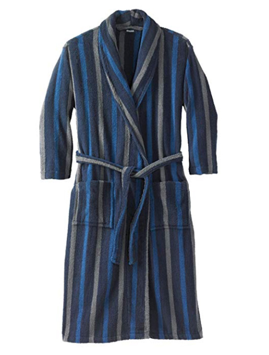 Striped long bathrobe with blue and gray vertical stripes.