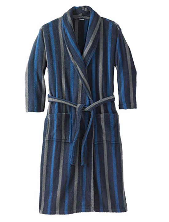 Striped long bathrobe with blue and gray vertical stripes. 