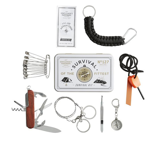 A manly survival kit filled with daily essentials like a pocket knife, tweezers and safety pins. 