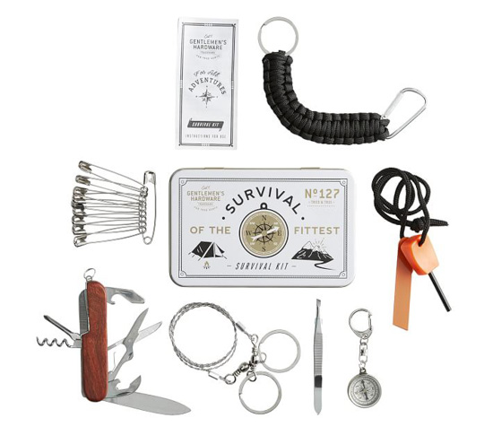 A manly survival kit filled with daily essentials like a pocket knife, tweezers and safety pins.