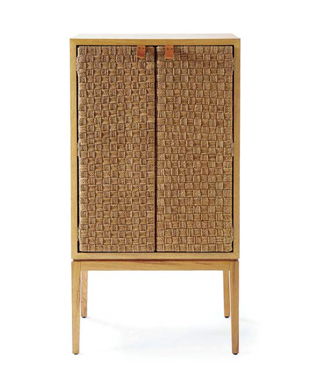 Beach cottage inspired bar cart with woven styled doors.