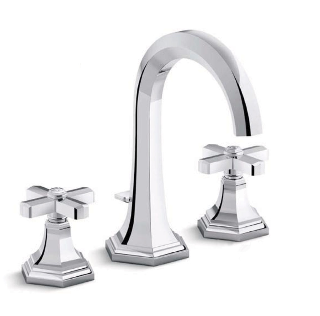 Chrome sink faucet with cross handles.