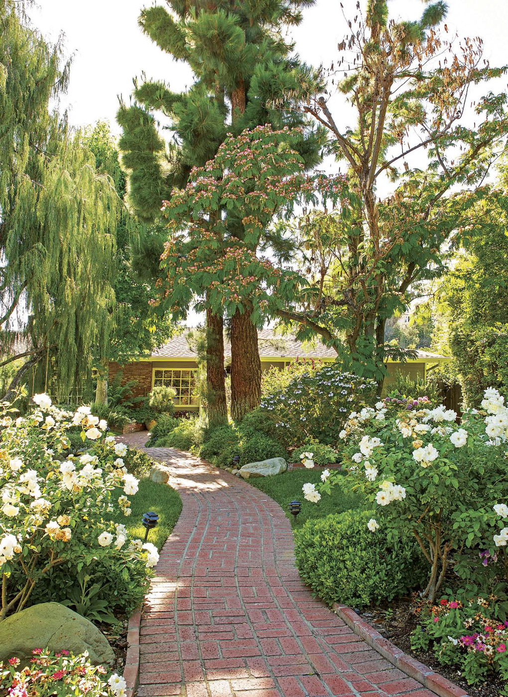 Brick walkway up to a California cottage through lush green garden and mature trees. 