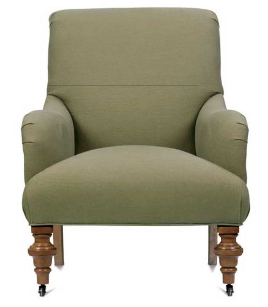 Rolled arm muted green chair with wooden turned legs. 