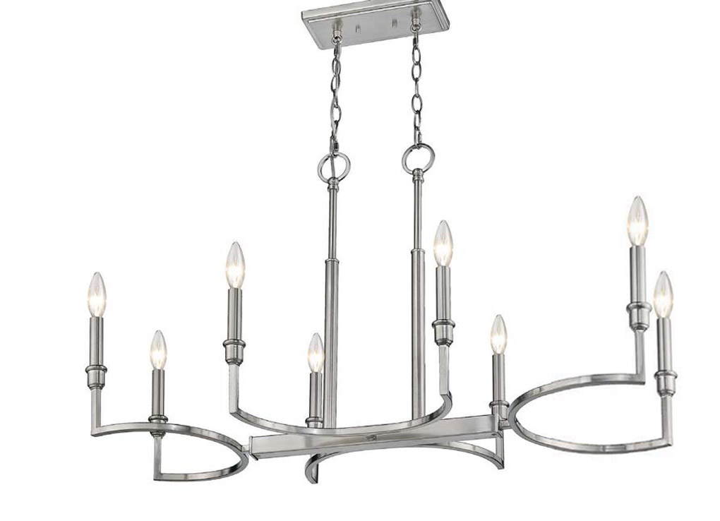 Pewter plated minimalist and sleek chandelier. 
