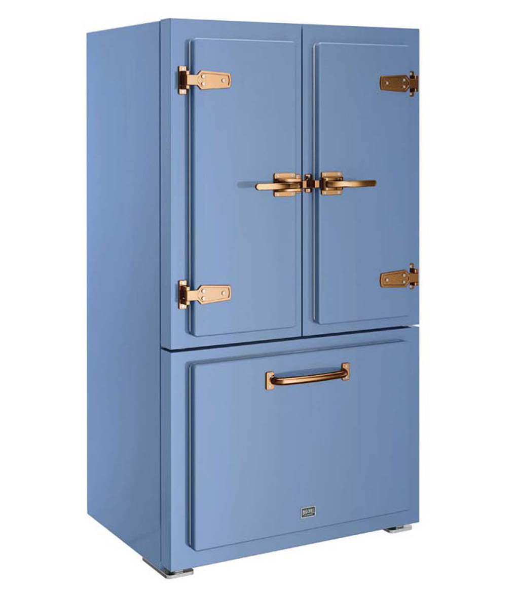 Classic fridge in French blue with copper detailing and hardware. 