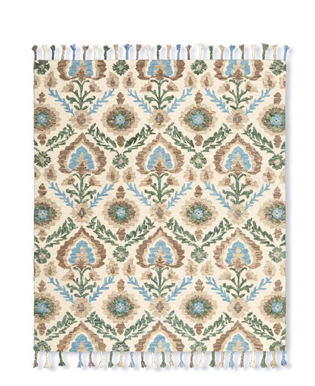 Floral patterned cream, green and blue rug with tassels.