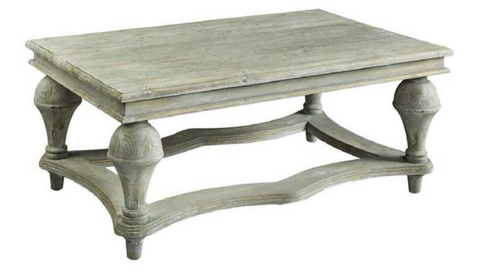 Soft gray rubbed pine finish on a low coffee table with turned legs.