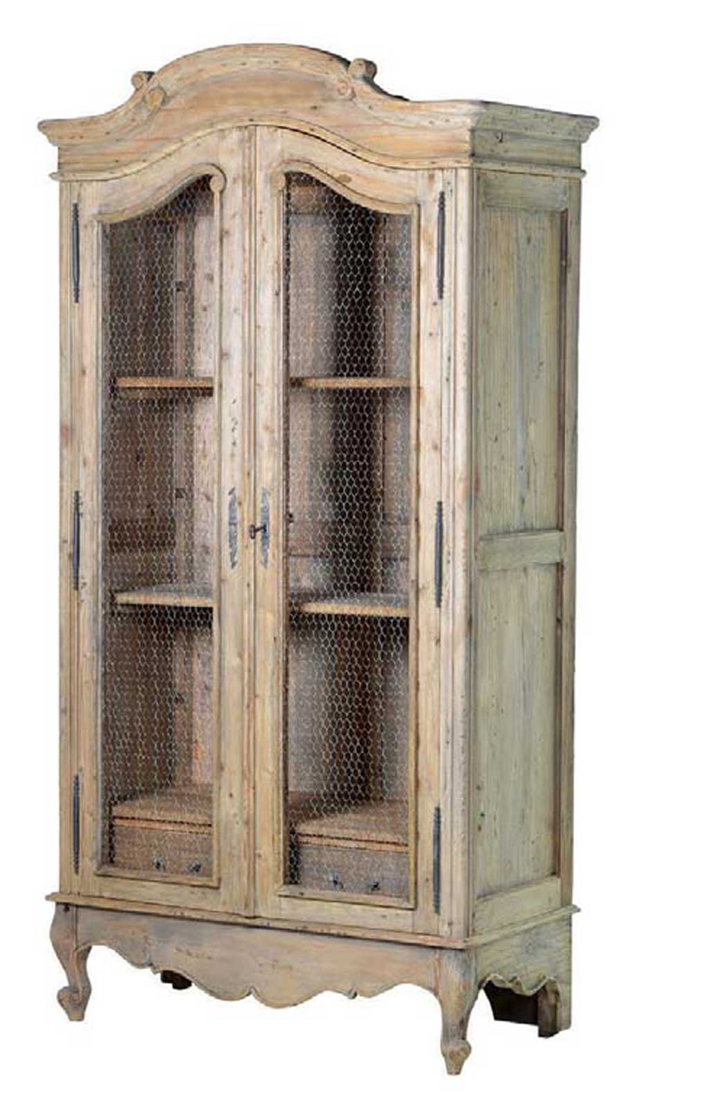 Rustic wooden French armoire with wire fronted doors.