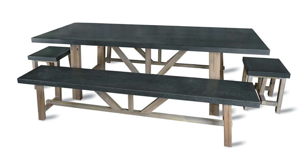 Gray cement and acacia wood dining table and seating.