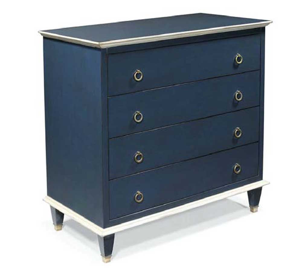 Blue four drawer dresser with brass loop pulls.