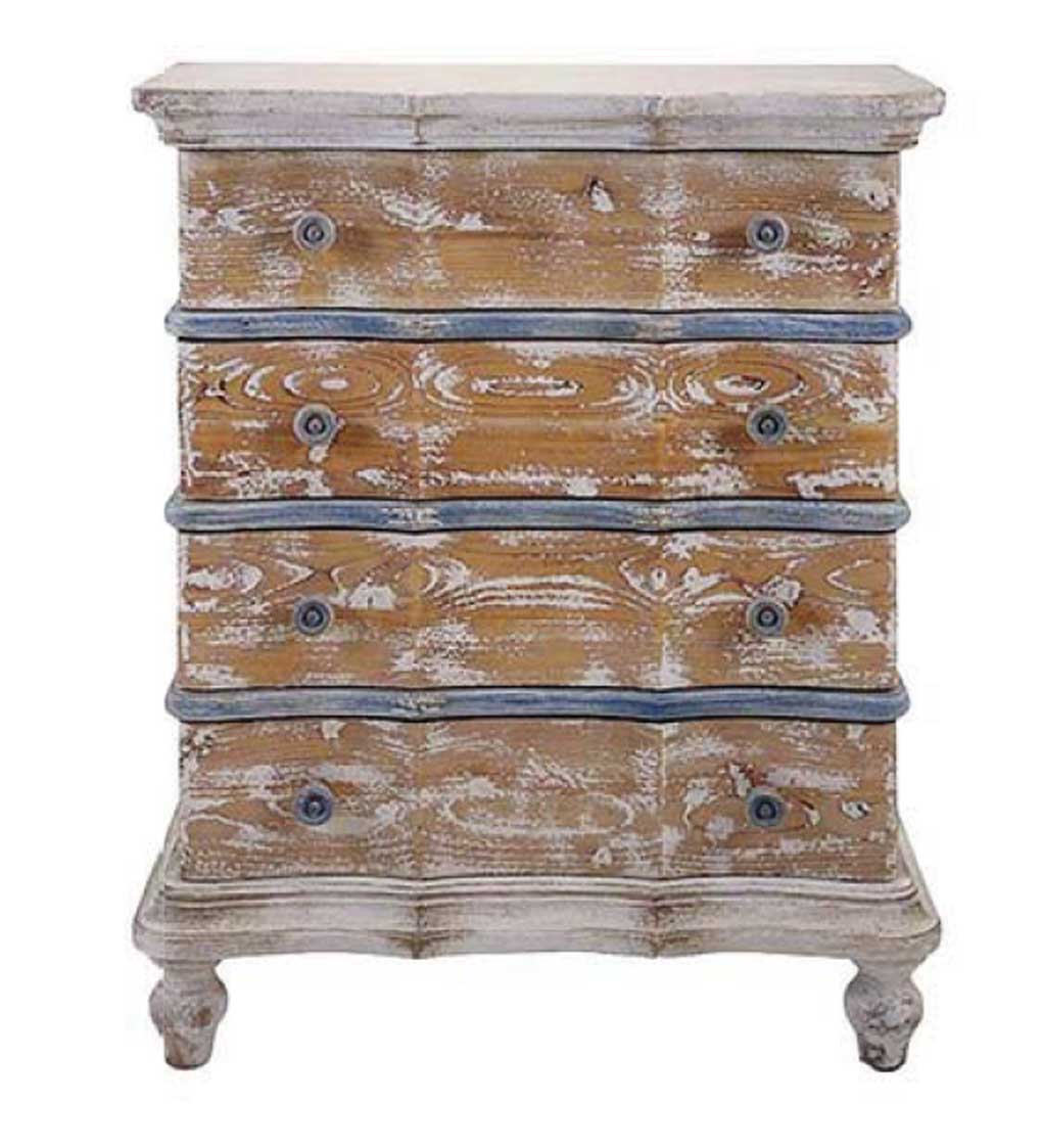 French country four drawer cabinet in weathered cream and blue.