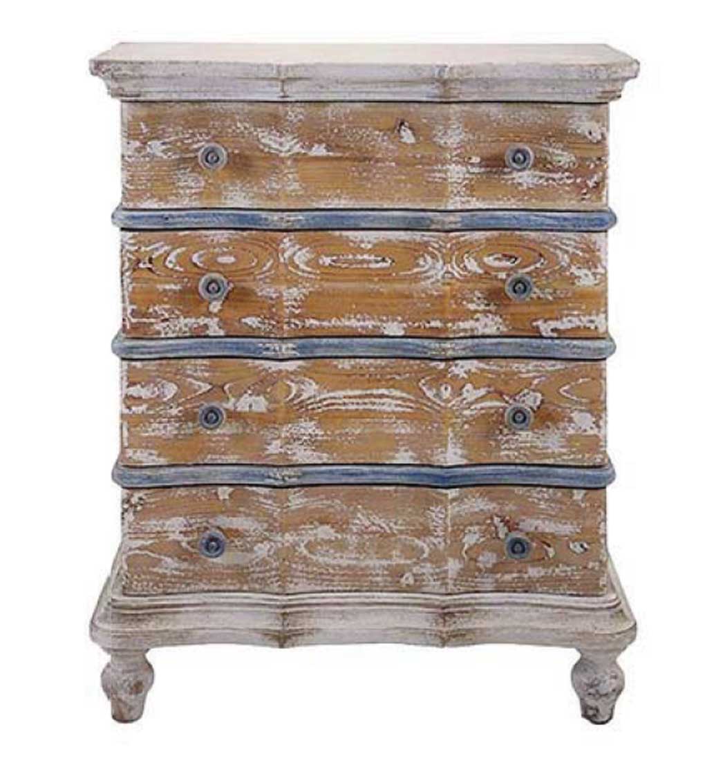 French country four drawer cabinet in weathered cream and blue. 