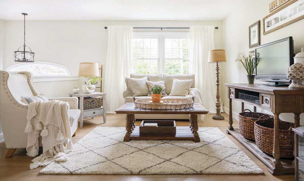 Bright and light neutral living room with oatmeal colored couch and armchair, wooden accent furniture and mercury glass lamp all on a light colored shag rug. 