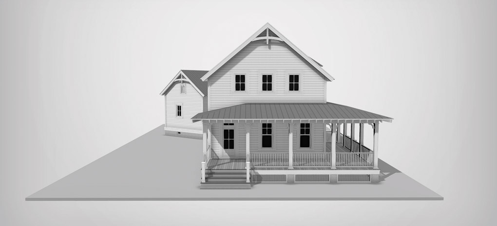 A black and white 3-D rendering of the Project House 2020 design by Scissortail Homes. 